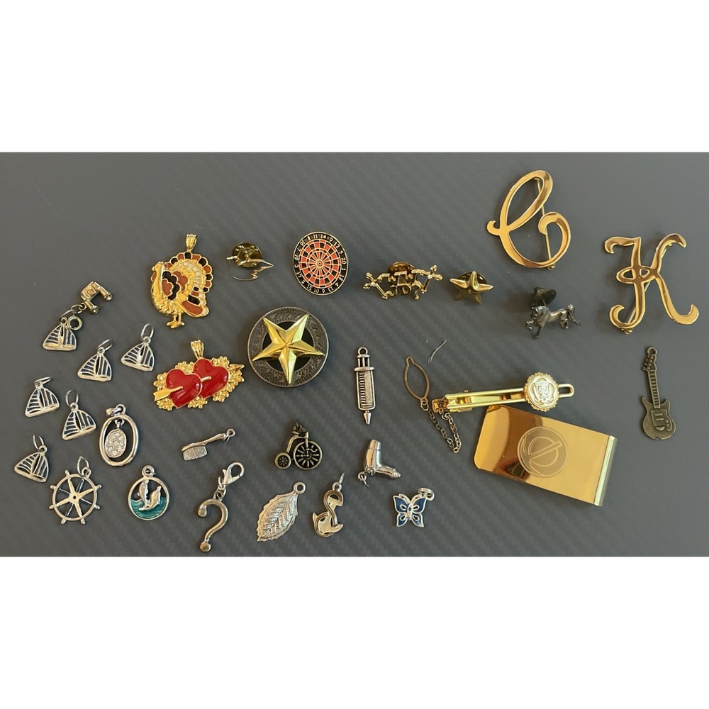Lot of 30+ Mixed Vintage Lapel Pins Charms Money Clip Tie Clip Pendant Gold Tone